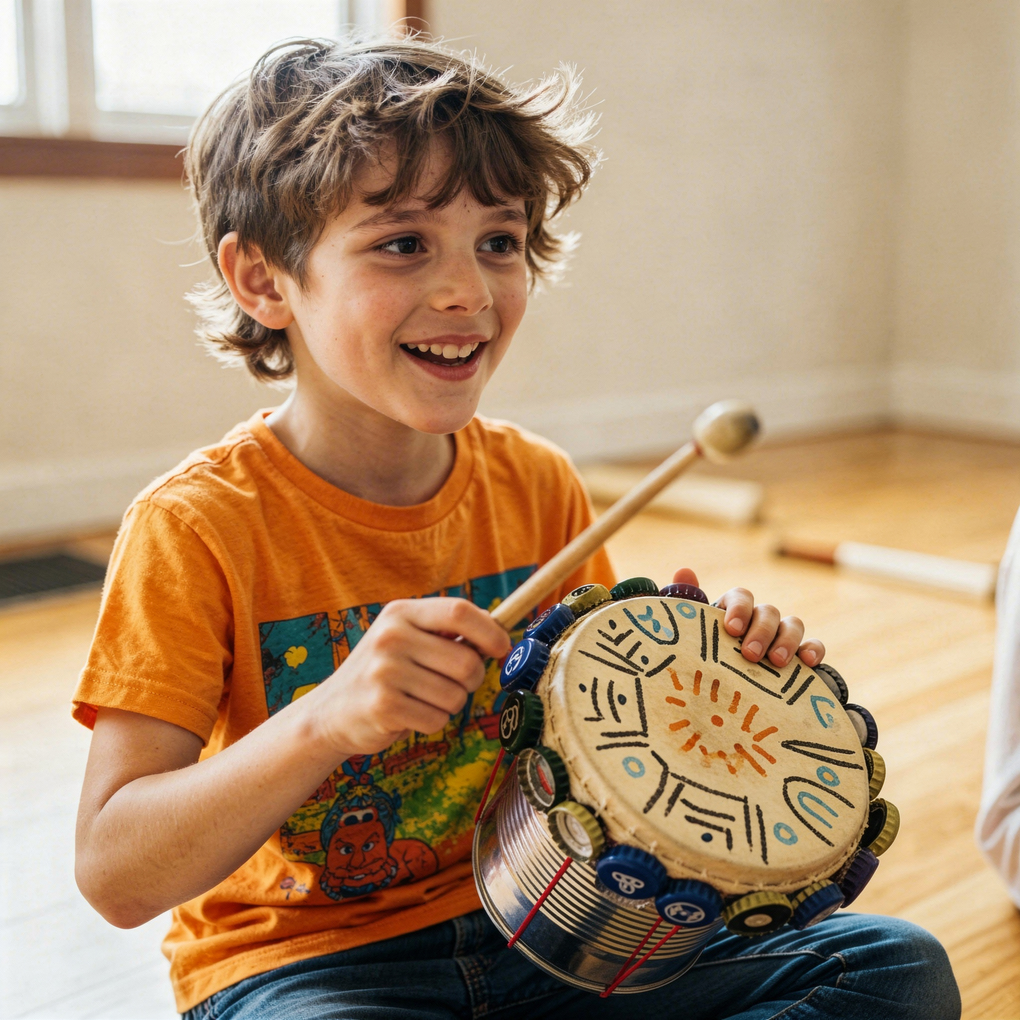Niño sonriente tocando un tambor artesanal