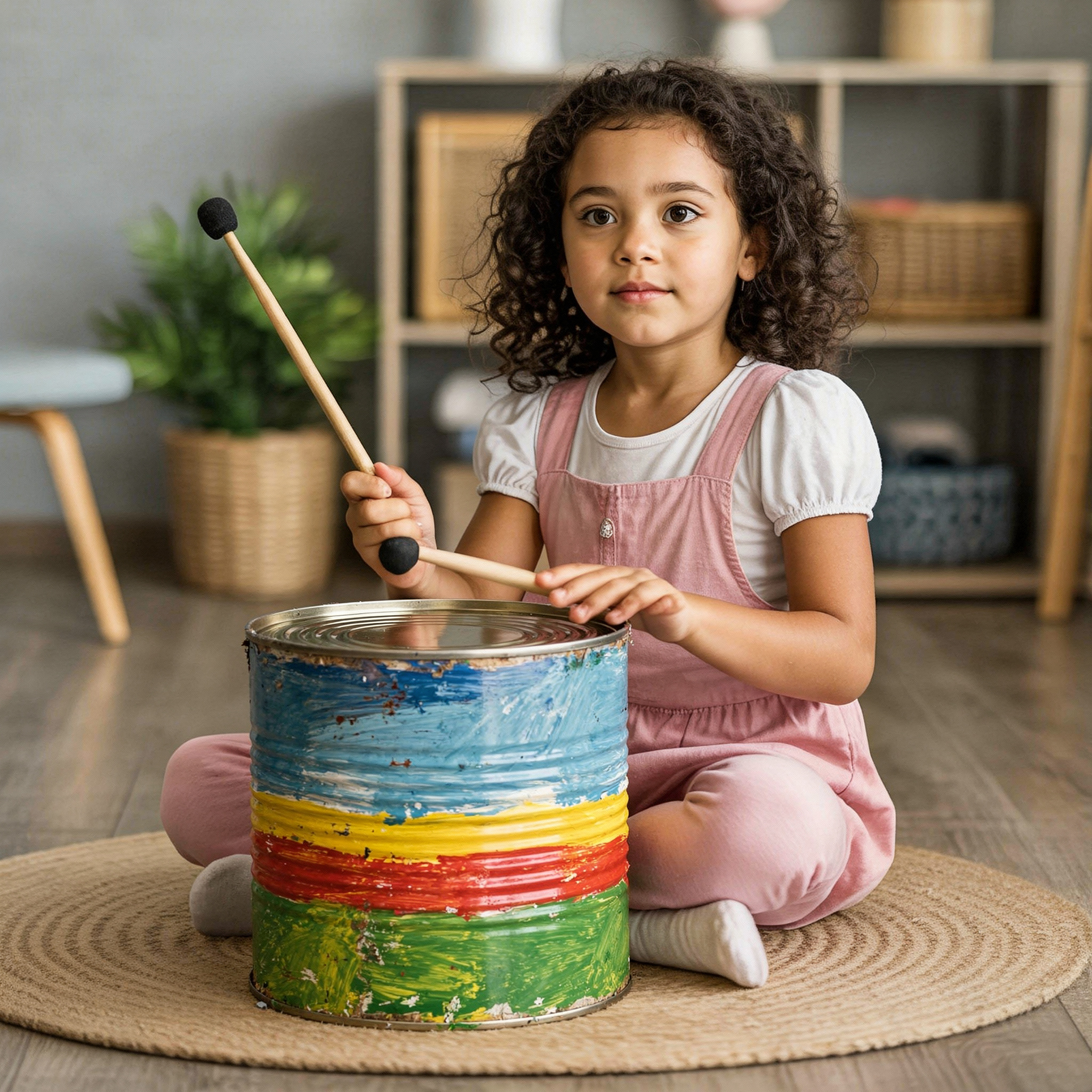 Niña pequeña tocando un tambor de colores