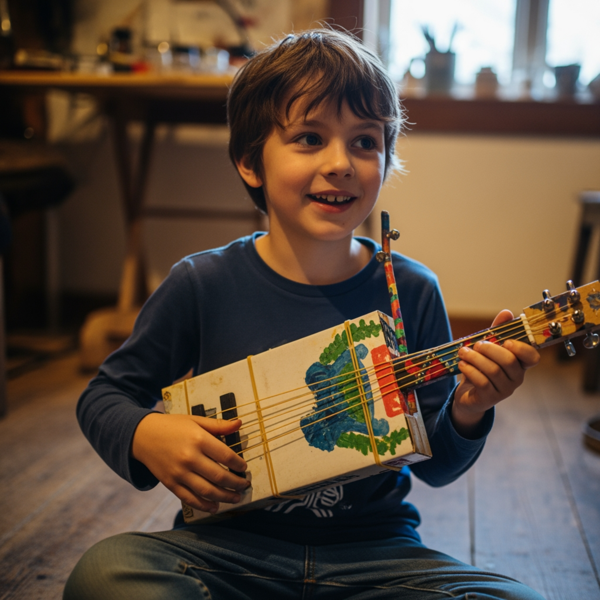 Niño tocando una guitarra hecha a mano